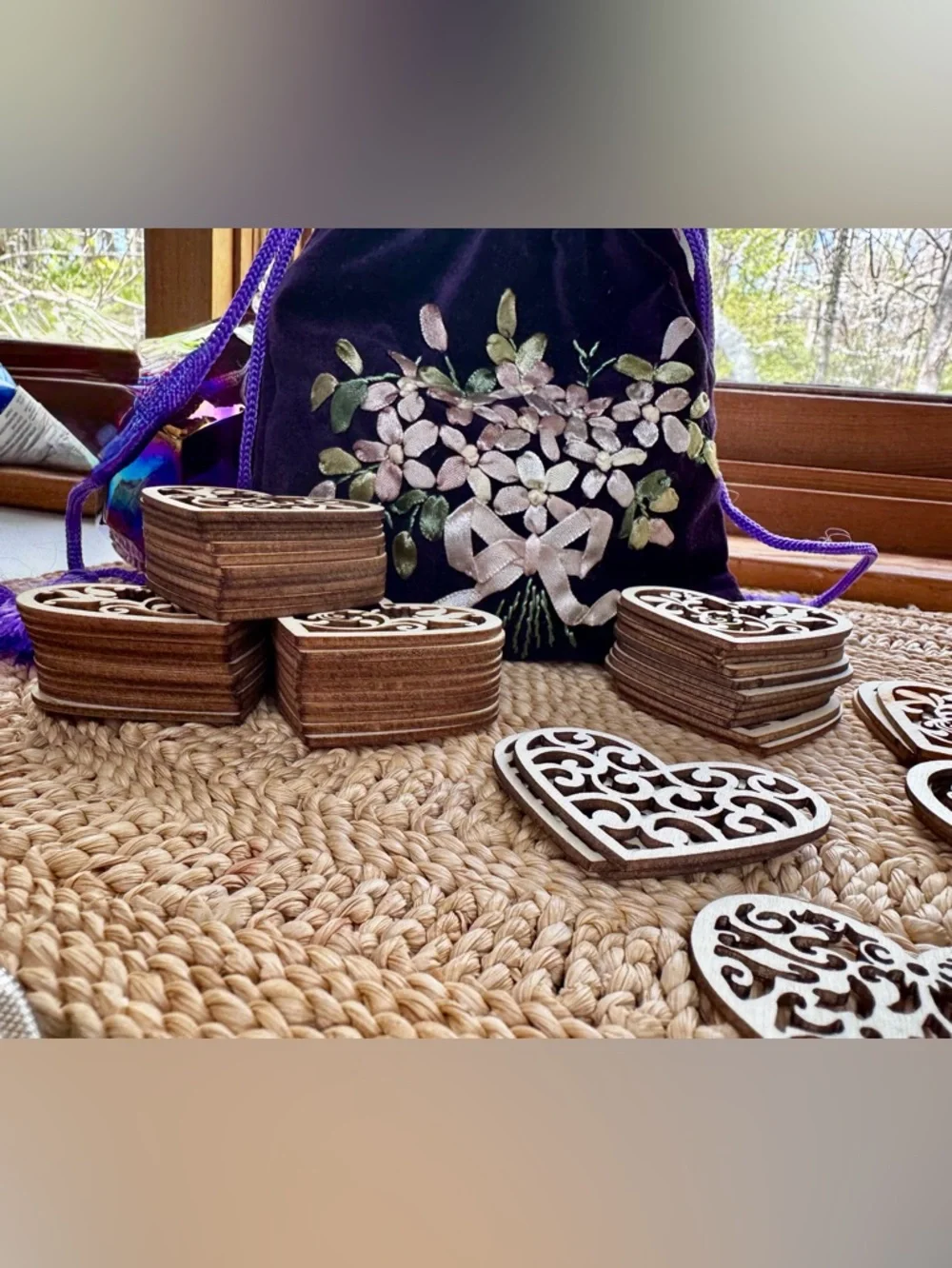 Purple Velvet Drawstring Bag W/Embroidery- 52 Laser Cut Wood  Dec To Paint!